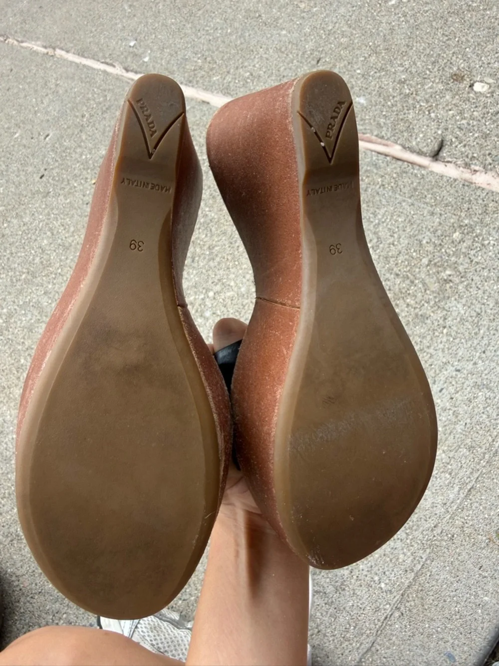 Prada Black Leather Slide Wedge Sandals with Brown Footbed